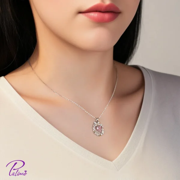 خرید گردنبند نقره قلب صورتی پاپیون
