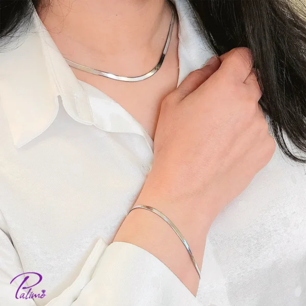 ست گردنبند و دستبند نقره ایتالیایی هرینگبون تماما از نقره با عیار بالای 925 با روکش ظخیم و با دوام