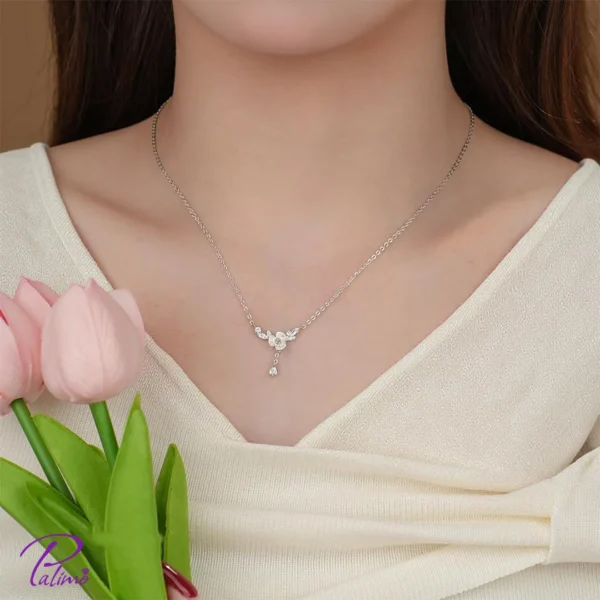 گردنبند نقره فلاور گل و برگ تماما از نقره استرلینگ خالص با روکش طلا سفید